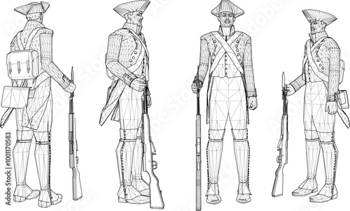 Vector sketch illustration of the design of soldiers in royal era uniforms lining up to prepare for war holding rifles