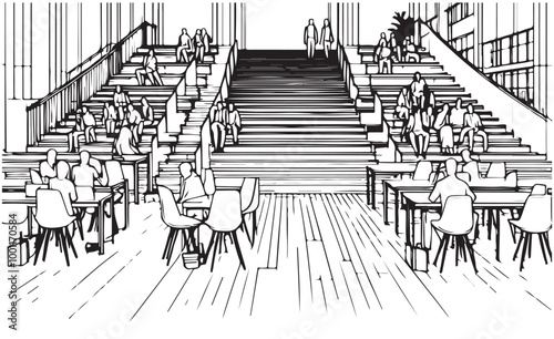 Conference hall interior graphic black white sketch illustration vector