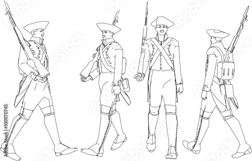Vector sketch illustration of the design of soldiers in royal era uniforms lining up to prepare for war holding rifles