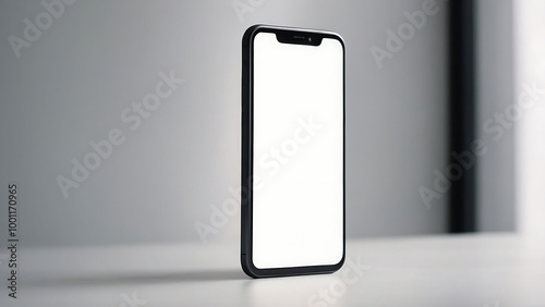 A black smartphone with a blank white screen is placed on a white table against a white background.