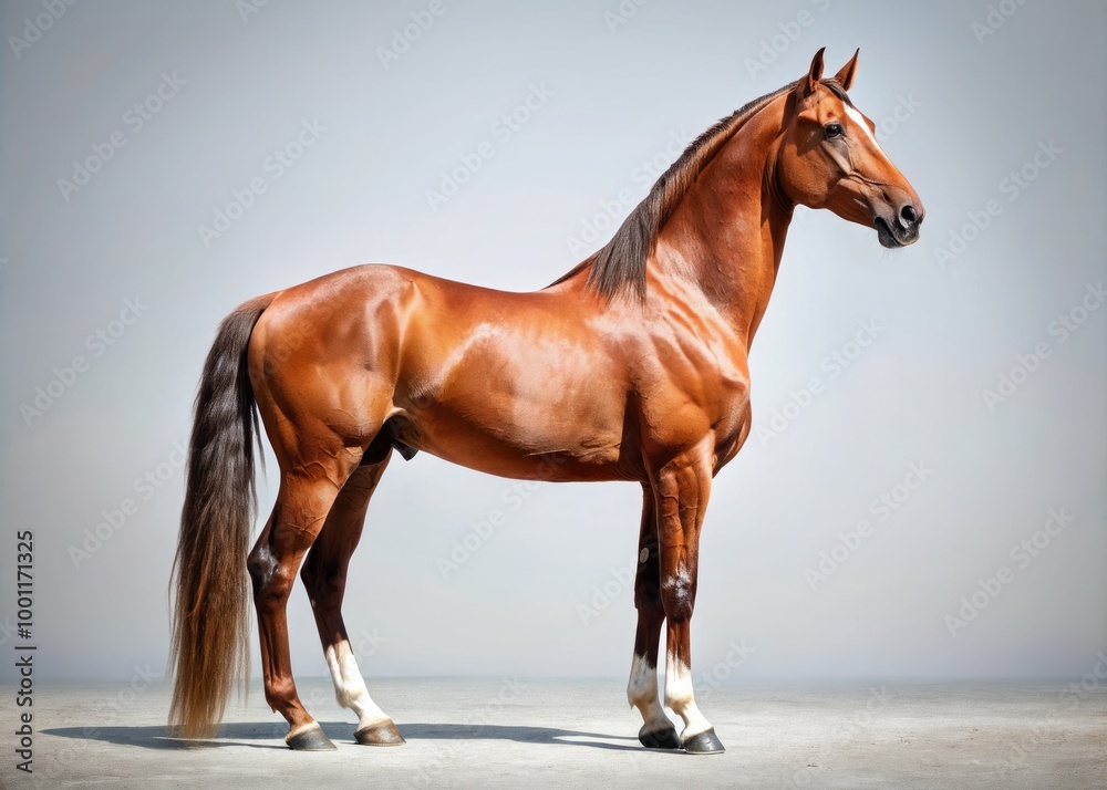 A majestic brown horse stands proudly against a pristine white background, its coat glistening with subtle sheen, showcasing its muscular physique and gentle expression. A majestic brown horse stands proudly against a pristine white background, its coat glistening with subtle sheen, showcasing its muscular physique and gentle expression.