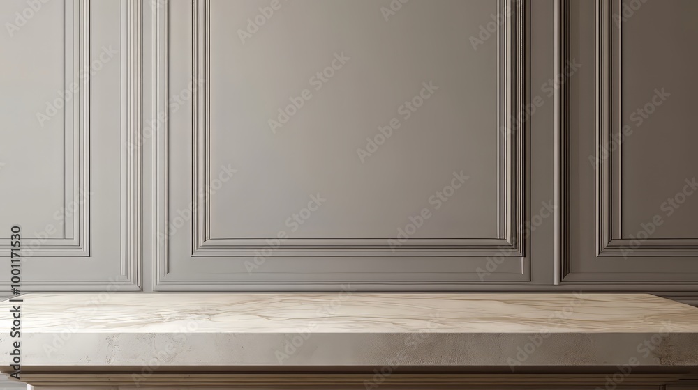 Beige tabletop on classic wall panels background. Empty concrete countertop for cosmetics, drinks and food presentation.