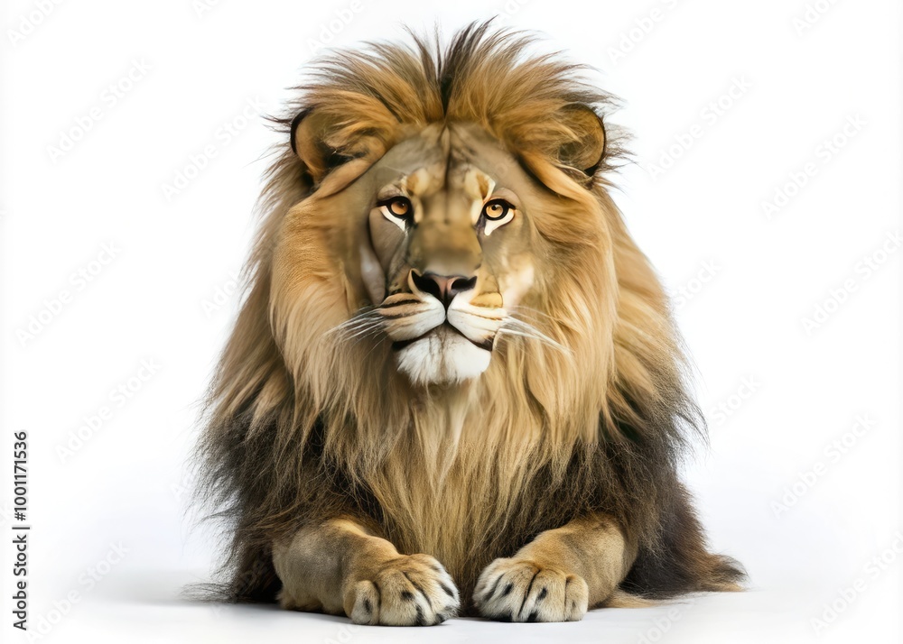 A majestic lion with a shaggy mane and piercing yellow eyes sits regally against a clean white background, showcasing its powerful physique and gentle demeanor. A majestic lion with a shaggy mane and piercing yellow eyes sits regally against a clean white background, showcasing its powerful physique and gentle demeanor.