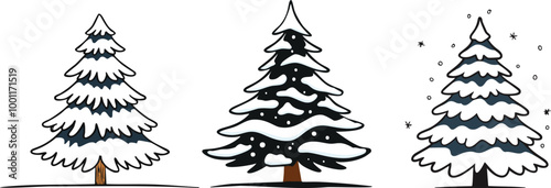 Snow Covered Spruce Trees Collection. Set of Christmas Trees in Snow Isolated Transparent Background
