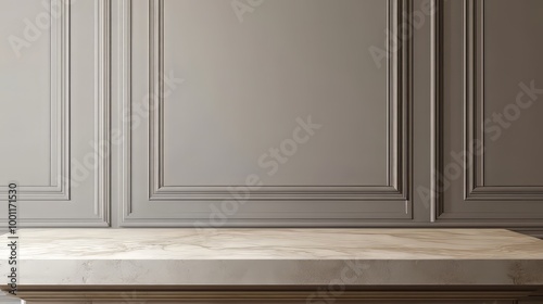 Beige tabletop on classic wall panels background. Empty concrete countertop for cosmetics, drinks and food presentation.