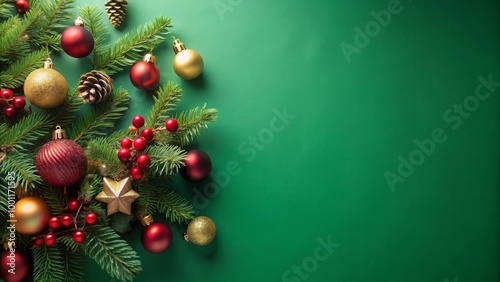 Christmas decorations with red and gold ornaments on green branches. Banner, background for Christmas, holiday celebrations with copy space