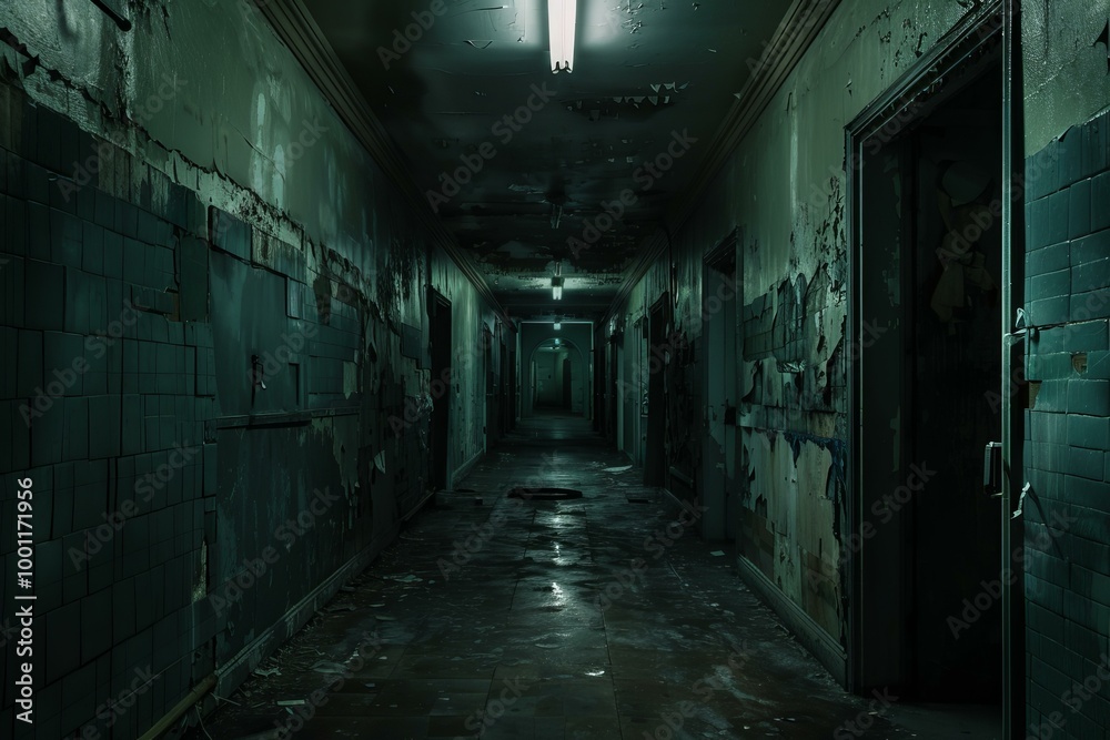 Fototapeta premium Long, dark and eerie hospital corridor is showing signs of decay with peeling paint, water damage and stained tiled walls