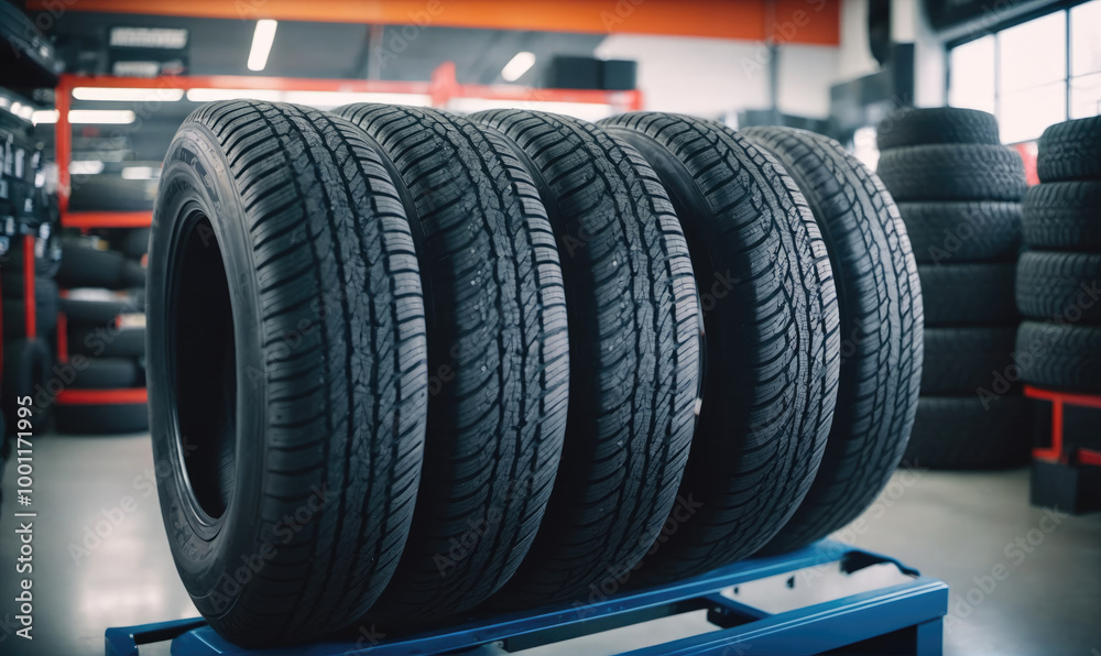 Four new tires are stacked on a shelf in a tire shop Four new tires are stacked on a shelf in a tire shop