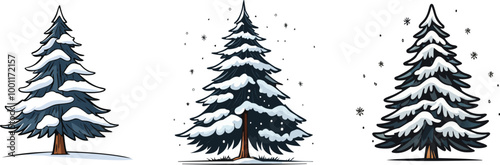 Snow Covered Spruce Trees Collection. Set of Christmas Trees in Snow Isolated Transparent Background