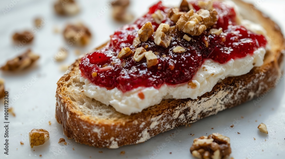 Close-Up of Toasted Bread with Creamy Cheese, Red Jam, and Chopped Walnuts on Marble Surface Close-Up of Toasted Bread with Creamy Cheese, Red Jam, and Chopped Walnuts on Marble Surface
