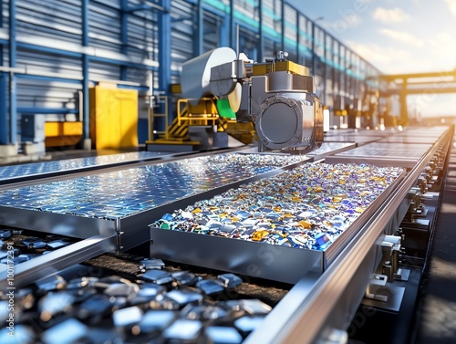 Industrial conveyor belt sorting recyclable materials in a modern, automated recycling facility bathed in sunlight. photo