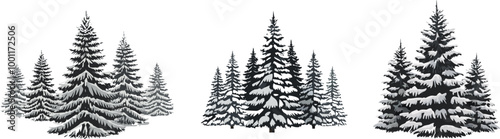 Snow Covered Spruce Trees Collection. Set of Christmas Trees in Snow Isolated Transparent Background