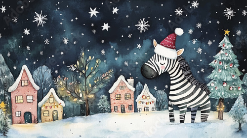 Zebra Weihnachten Schnee Weihnachtlich Winter Weihnachtskarte Comic Christmas Illustration Vektor