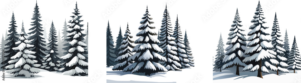 Obraz premium Snow Covered Spruce Trees Collection. Set of Christmas Trees in Snow Isolated Transparent Background