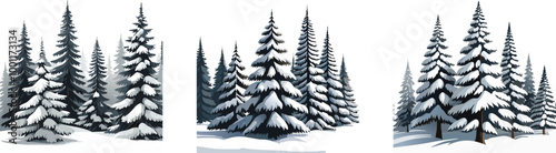 Snow Covered Spruce Trees Collection. Set of Christmas Trees in Snow Isolated Transparent Background