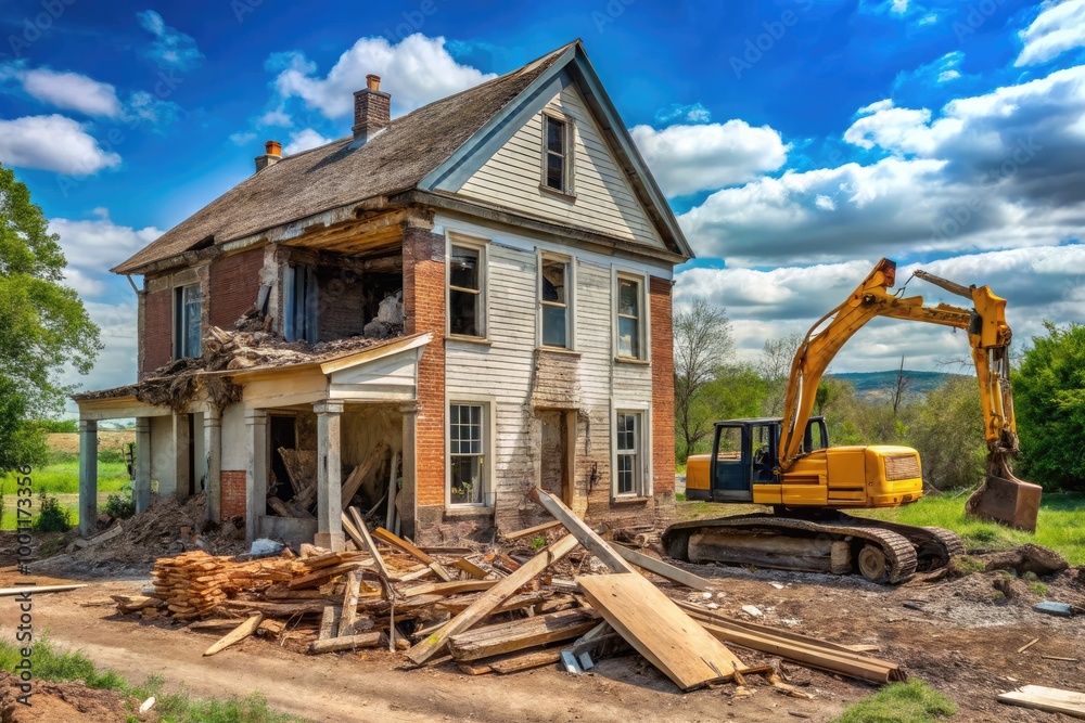 A partially demolished facade of a old house undergoing renovation in Hardin County, Kentucky, with construction equipment and materials scattered around the yard. A partially demolished facade of a old house undergoing renovation in Hardin County, Kentucky, with construction equipment and materials scattered around the yard.