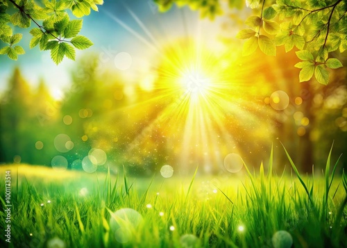 Warm sunlight filters through greenery on a bright day in a peaceful natural setting. Generative AI