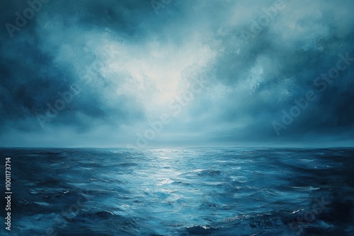 An oil painting of an ethereal sea under the night sky, the canvas painted in shades of blue and silver