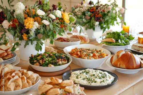 Variety of delicious dishes, bread, and vibrant floral arrangements