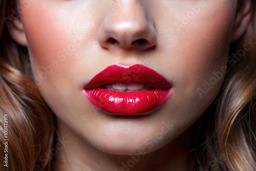 Close-up view of beautiful lips showcasing vibrant red gloss under natural light. Generative AI