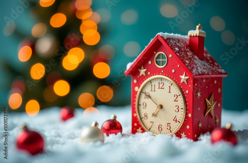 House with clock stands on snow. Festive background. Postcard, illustration