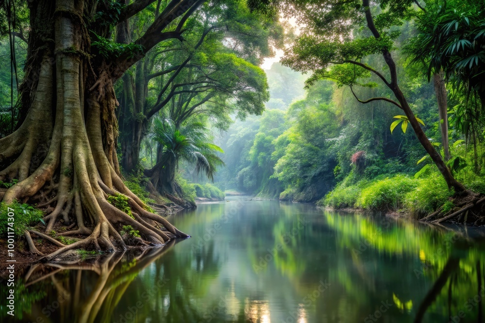 A serene and misty jungle riverbank with lush green vegetation, twisted vines, and ancient tree roots, surrounded by a tranquil and reflective water surface. A serene and misty jungle riverbank with lush green vegetation, twisted vines, and ancient tree roots, surrounded by a tranquil and reflective water surface.