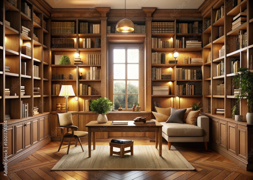 A serene and organized library interior with tall shelves filled with books, a wooden desk, and a comfortable reading nook with soft warm lighting. A serene and organized library interior with tall shelves filled with books, a wooden desk, and a comfortable reading nook with soft warm lighting.