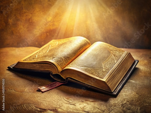 A serene, creamy-textured background featuring an opened Bible with worn leather cover, golden-edged pages, and intricate illustrations, evoking a sense of spirituality and contemplation. photo