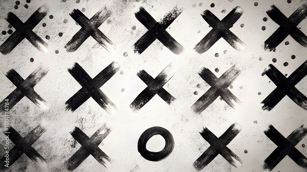 Artistic abstract pattern featuring bold Xs and an O on a textured monochrome background Artistic abstract pattern featuring bold Xs and an O on a textured monochrome background