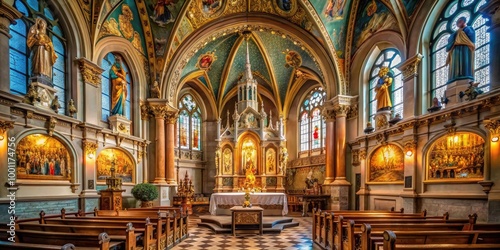 A serene, ornate Catholic chapel interior featuring stained glass windows, intricate stone carvings, and a grand altar adorned with golden religious artifacts and candles.