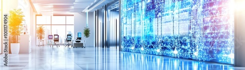 Modern lobby with high-tech digital wall, sleek design, and bright lighting, showcasing futuristic technology and contemporary aesthetics.