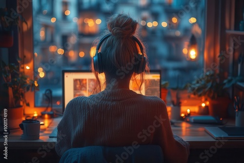 peaceful home office setting with a person wearing noisecanceling headphones fully focused on work soft ambient lighting and minimal decor create a harmonious workspace