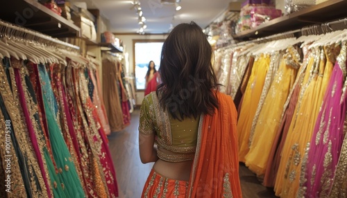 Back View Of Indian Girl Shopping In Bridal Wear Store Surrounded By Colorful Sarees generative ai