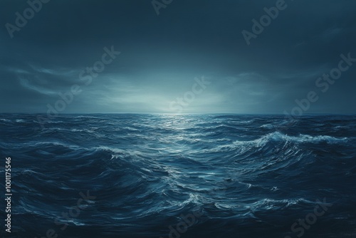 An oil painting of an ethereal sea under the night sky, the canvas painted in shades of blue and silver