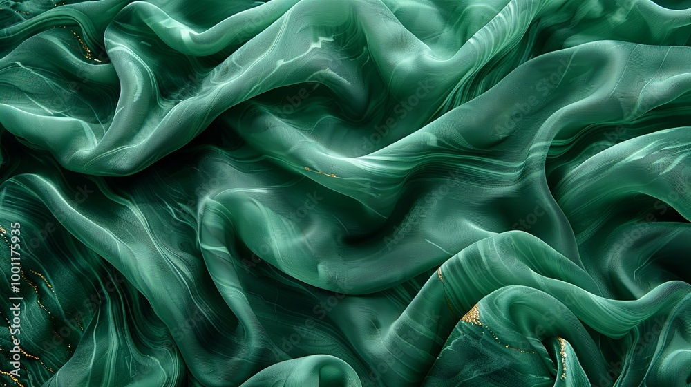 A luxurious tableau featuring a cascade of velvet fabric in deep emerald, gracefully intertwined with polished marble slabs. 