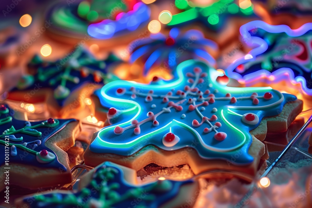 Festive iced sugar cookies with colorful lights Festive iced sugar cookies with colorful lights