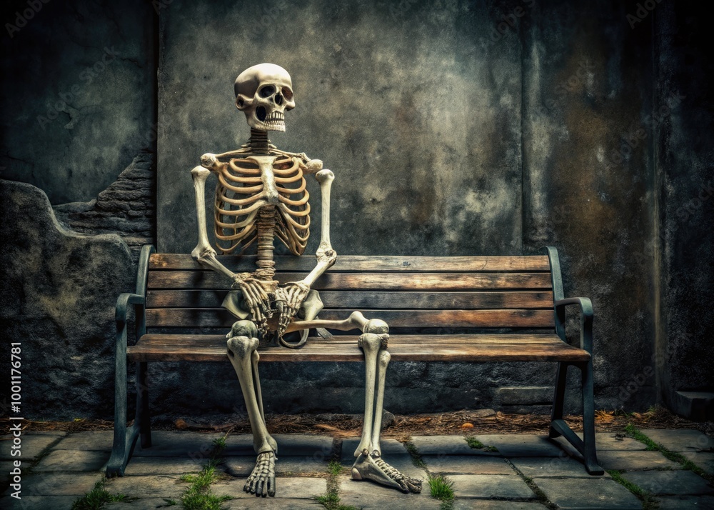 A solitary skeleton sits alone on a worn stone bench, surrounded by eerie darkness, its bony fingers clasped together in a macabre contemplation. A solitary skeleton sits alone on a worn stone bench, surrounded by eerie darkness, its bony fingers clasped together in a macabre contemplation.