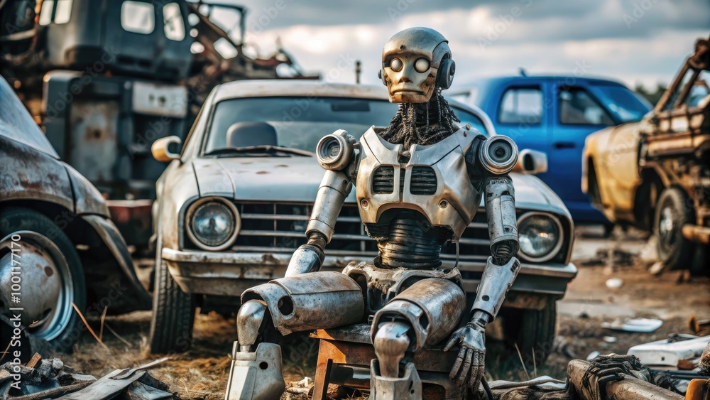 A tired old robot sits among rusted cars in a forgotten junkyard at dusk. Generative AI A tired old robot sits among rusted cars in a forgotten junkyard at dusk. Generative AI