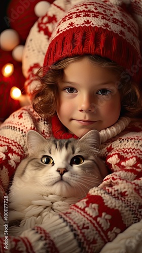 A heartwarming close-up showcasing a girl with kitty in a knit-pattern pullover and cap, invoking the coziness of Christmas. 