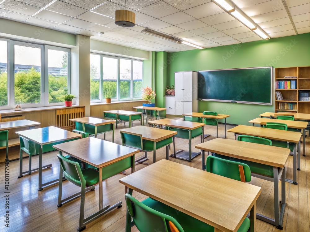 A tidy, well-organized classroom with rows of desks, shelves, and a green chalkboard, creating a comfortable and conducive learning environment for students. A tidy, well-organized classroom with rows of desks, shelves, and a green chalkboard, creating a comfortable and conducive learning environment for students.