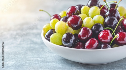 Fresh Bowl of Mixed Cherries and Grapes: A Vibrant and Healthy Snack Option