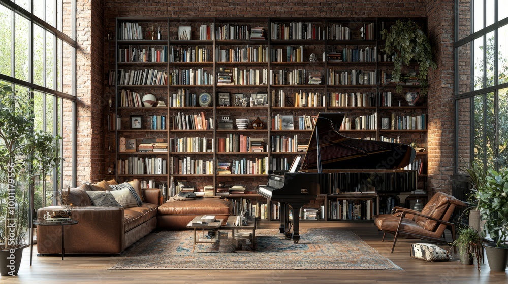 Fototapeta premium Cozy living room with a grand piano and large bookshelf