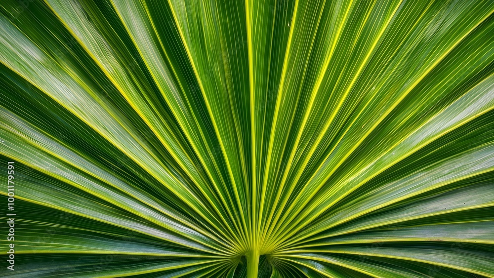 Close-up image of a green palm leaf showcasing its radial pattern and prominent veins against a natural light background Close-up image of a green palm leaf showcasing its radial pattern and prominent veins against a natural light background