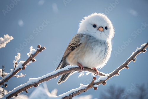 A snowy park in sapporo, an albino long-tailed tit bird