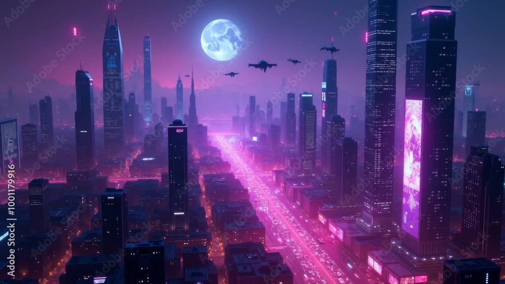 Obraz premium Generative AI, a futuristic city with a futuristic clock tower at night time, with a lot of lights on the buildings, unreal 5, a detailed matte painting, retrofuturism 