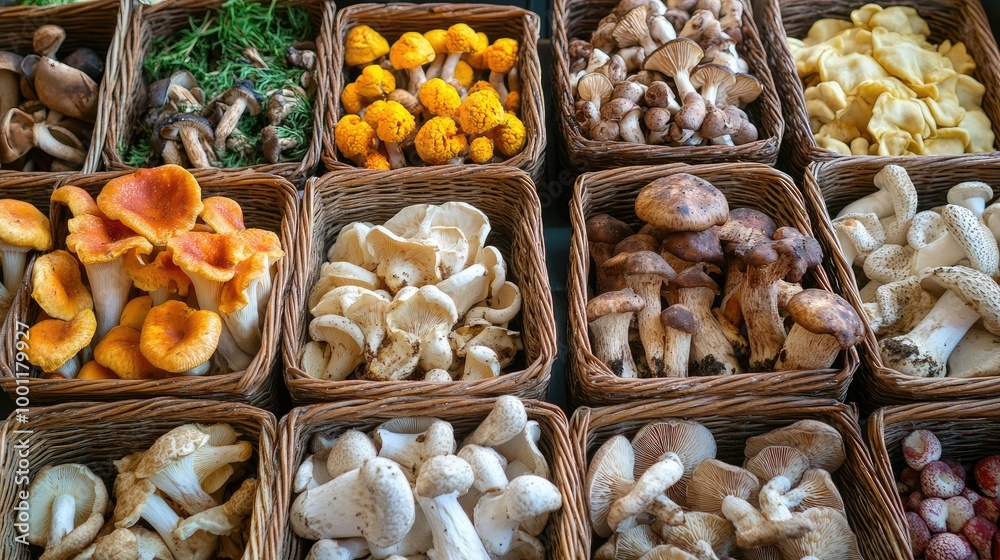A variety of colorful mushrooms with unique textures, carefully arranged in baskets on a clean, bright background for a gourmet, fresh look. A variety of colorful mushrooms with unique textures, carefully arranged in baskets on a clean, bright background for a gourmet, fresh look.
