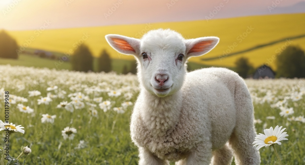 White sheep on green grass floral meadow White sheep on green grass floral meadow