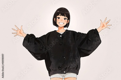 Anime cute cartoon woman wearing an oversized black jacket, smiling and posing with wide-open hands.