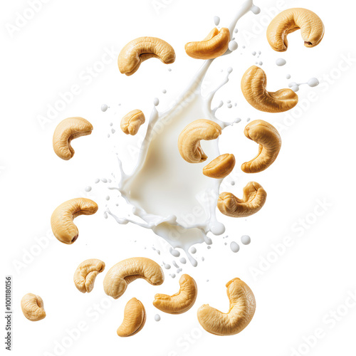 Cashews splashing in milk on a transparent background photo