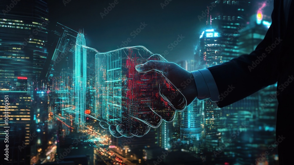 Digital Handshake Over Cityscape